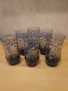 Vintage Libbey Smokey Blue Glasses w/ White & Blue Flowers Tumblers Set Of 6 