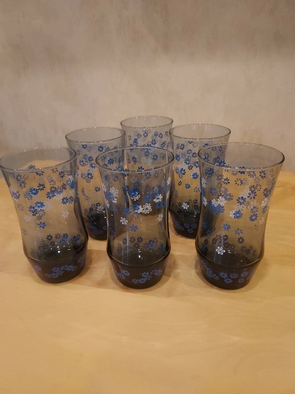 Vintage Libbey Smokey Blue Glasses w/ White & Blue Flowers Tumblers Set Of 6 