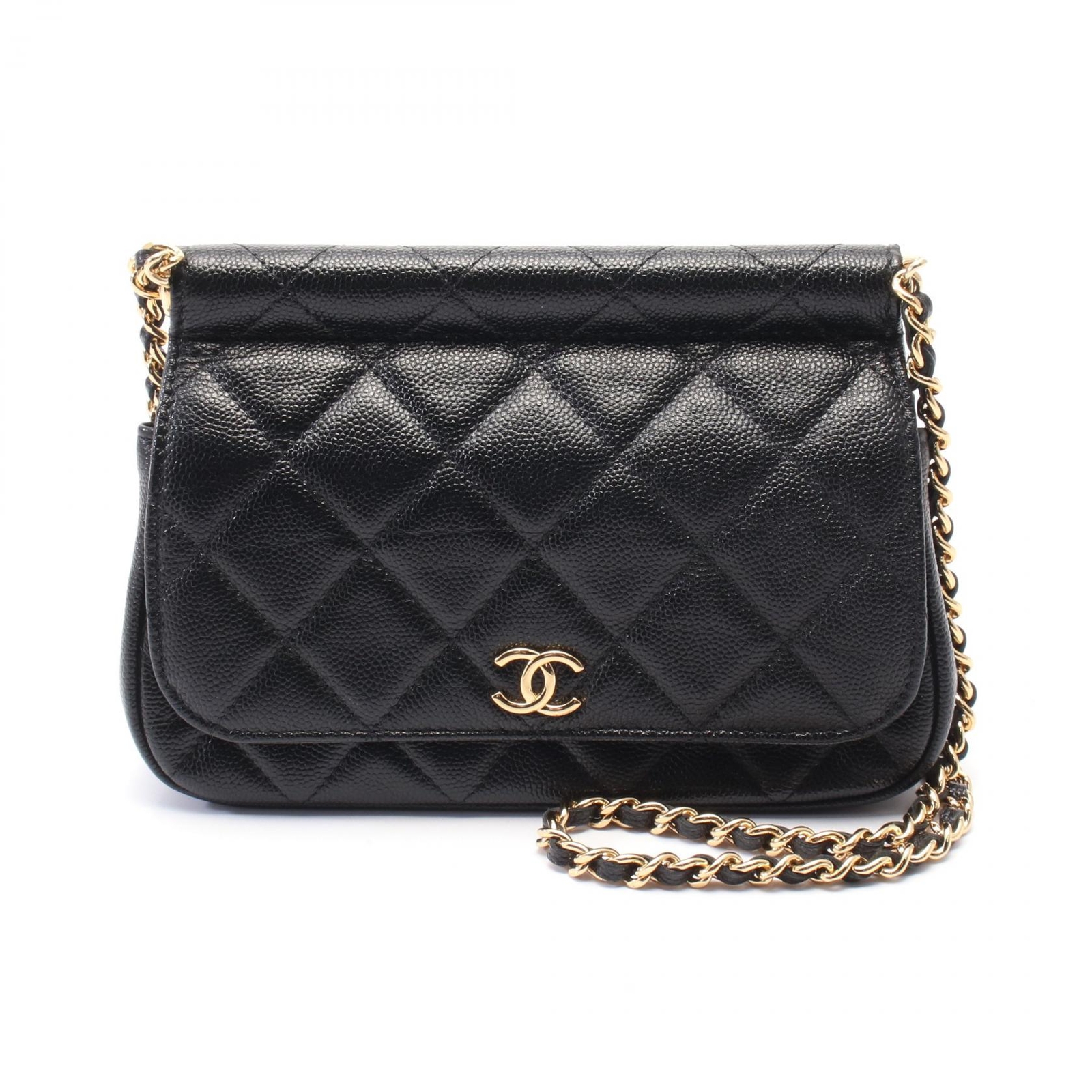 CHANEL Black Grained Calfskin Matelasse Chain Shoulder Bag with GHW CC Logo