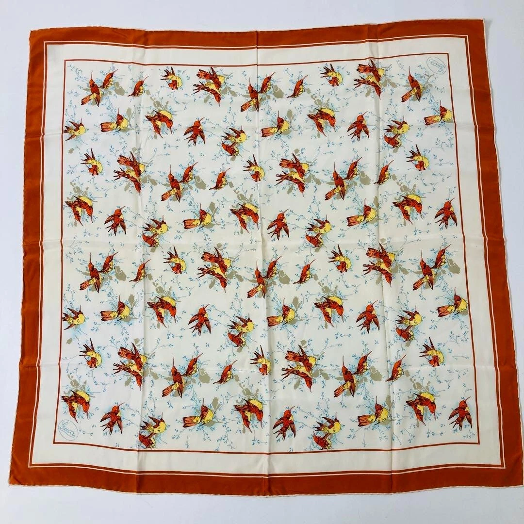 Foulard GUCCI motif moineau oiseau 100% soie marron environ 82,5 x 85 cm authentique