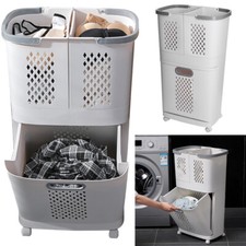 Large Laundry Cart Trolley with 3 Basket Washing Clothes Storage Hamper Divider