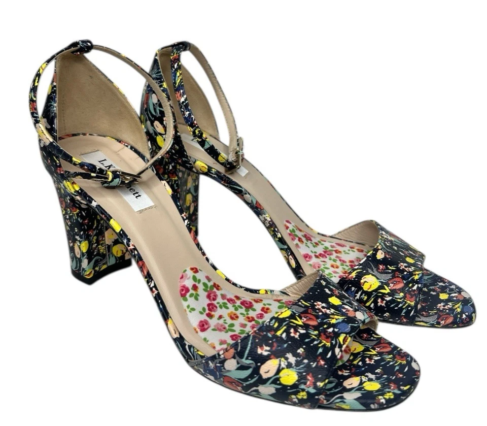 LK Bennett Tacones Zapatos Mujer EU 37/US 7 Bloques Correa Tobillo Punta Abierta Floral Italia Foto 3 de 4