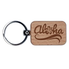 Aloha with Hibiscus Flower Hawaii Engraved Wood Rectangle Keychain Tag Charm