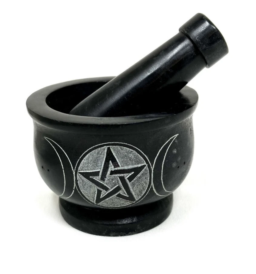 Stone Mortar & Pestle Triple Moon & Pentacle- 4"H x 3" dia approx