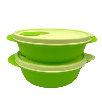 Tupperware Crystalwave Microwave Bowl  2.5 Cups Round Container Green Set of 2