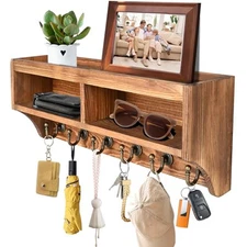 Key Holder Wall Mount - Mail Organizer Wall Mount with 6 Key Hooks and Storage 
