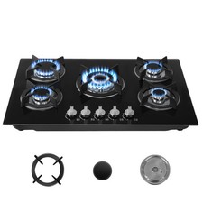 Gas Hob 5 burners, 77cm Black Tempered Glass Gas Hob with Cast Iron Supports