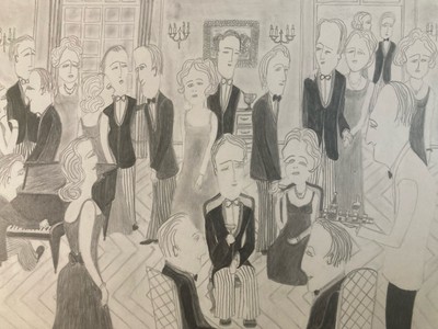 Painting Drawing Pencil Paper Party Wedding 1970 Charles D'estève De Pradel Art