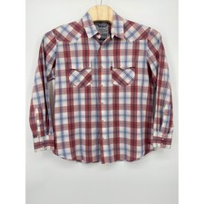 Levi Strauss Western Shirt Mens Large Red Blue Plaid Excellent Pearl Snap Cotton