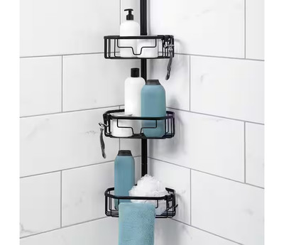 Zenna Home NeverRust Aluminum Tension Pole Corner Shower Caddy in Matte Black 9'