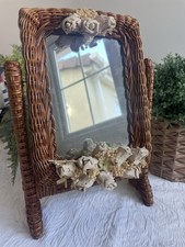 Vintage Small Wicker Swivel Mirror Faux Flowers Bedroom Boho