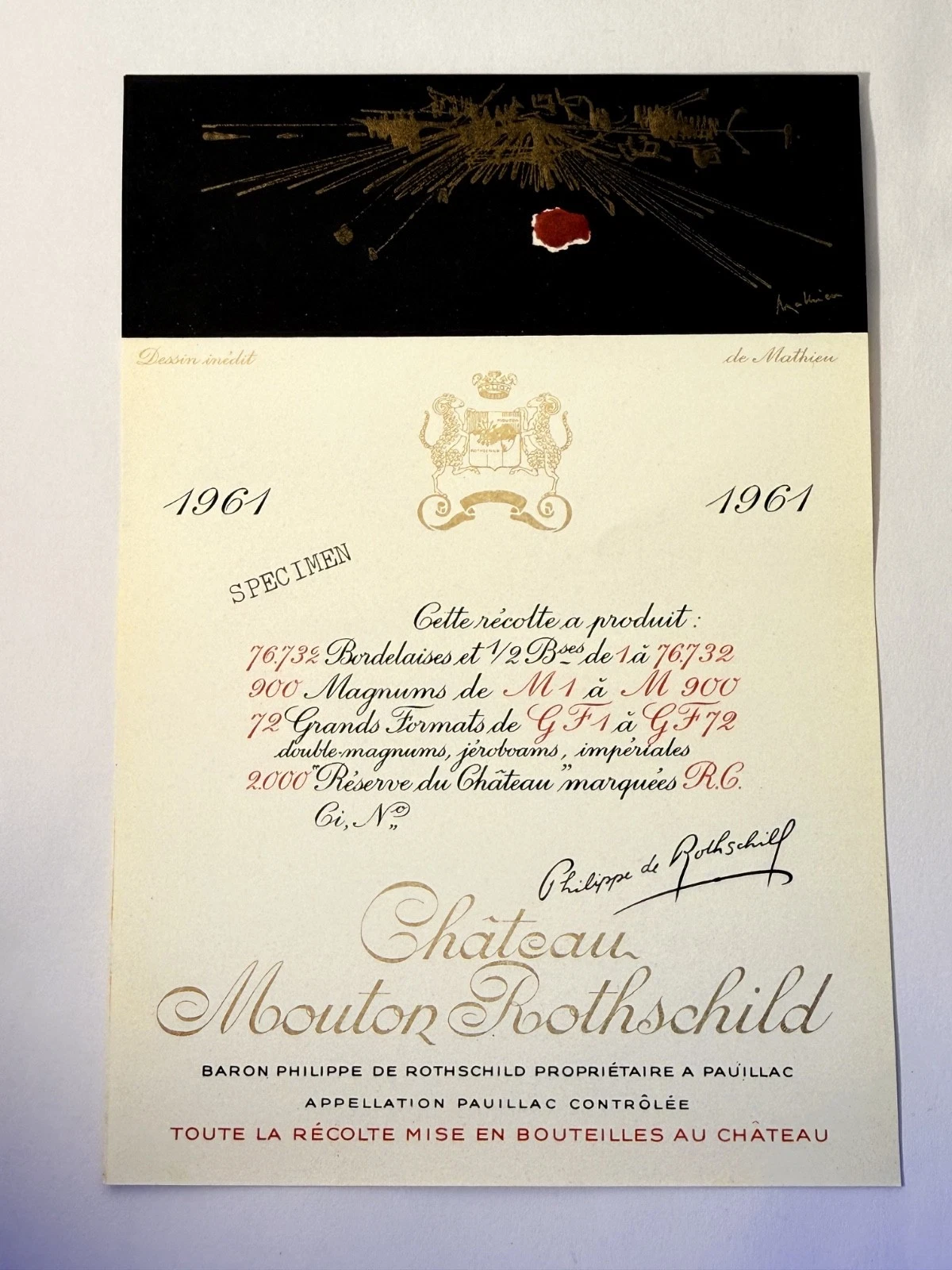 Étiquette De Vin Château Mouton Rotschild Spécimen 1961