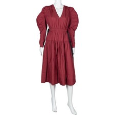 ULLA JOHNSON Red Cotton V-Neck Long Sleeve Midi Dress Size S