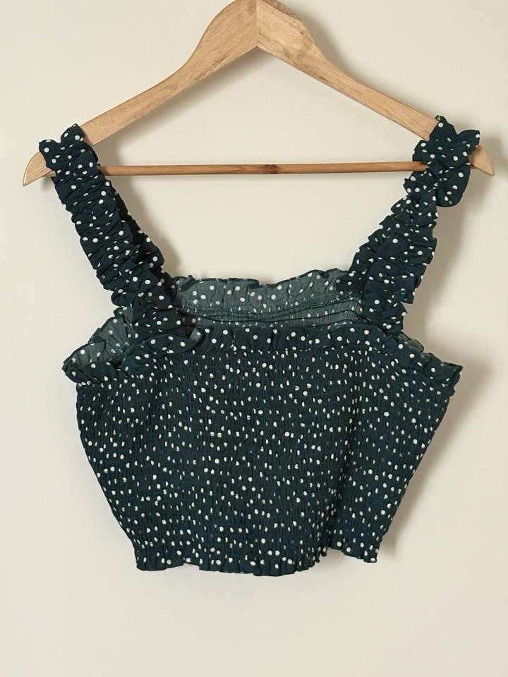 SHEIN 1XL Plus Smocked Square Neck Cropped Top Green White Polka Dot Polyester