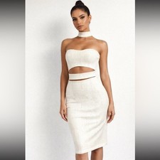Privy Ivory Crochet Lace Cut Out Bodycon Midi Dress High Neck Choker  S