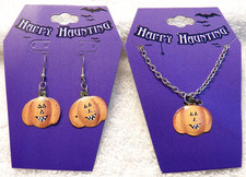 SPOOKY NEW HALLOWEEN NECKLACE  PIERCED DANGLE EARRING SET JACK O LANTERN G HA17