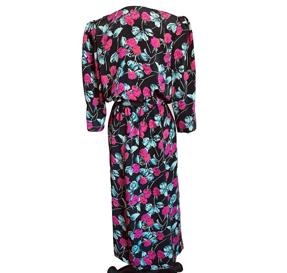 Vestido Vintage Audaz Floral Imitación Envolvente Talla L Cinturón Años 80 90 Caprichoso Hipster Oficina Foto 4 de 4