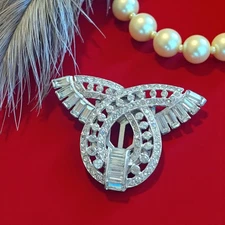 Vintage Art Deco Rhodium-plate Chaton & Baquette Rhinestone Dress Clip 2" W