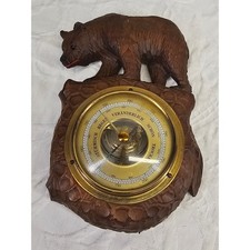 Vintage Black Forest Hand Carved Bear Wall Barometer Glass Eyes Weather Station