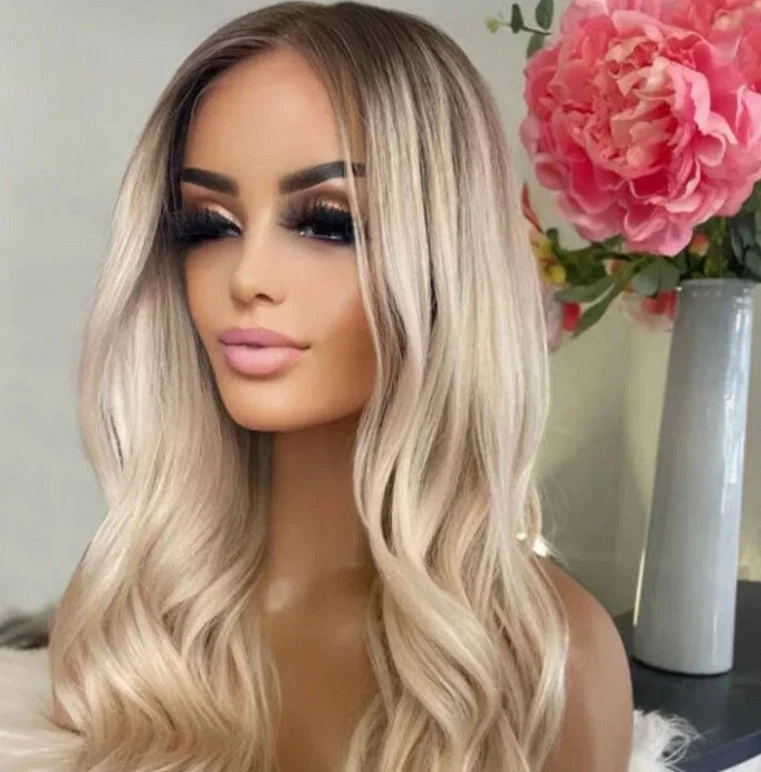MARKENLOS 24 Inch Ombre Blonde Perücke Lang Körperwelle 13x4 Lace Front Echthaar Wig