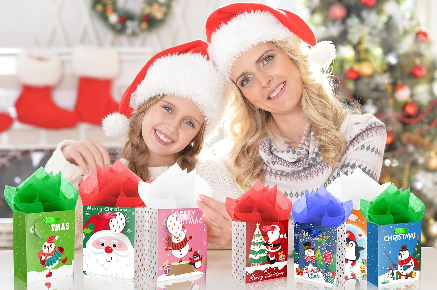 20Pcs Mini Chirstmas Gift Bags with Tissue Paper and Tag, Small Paper Bags with 