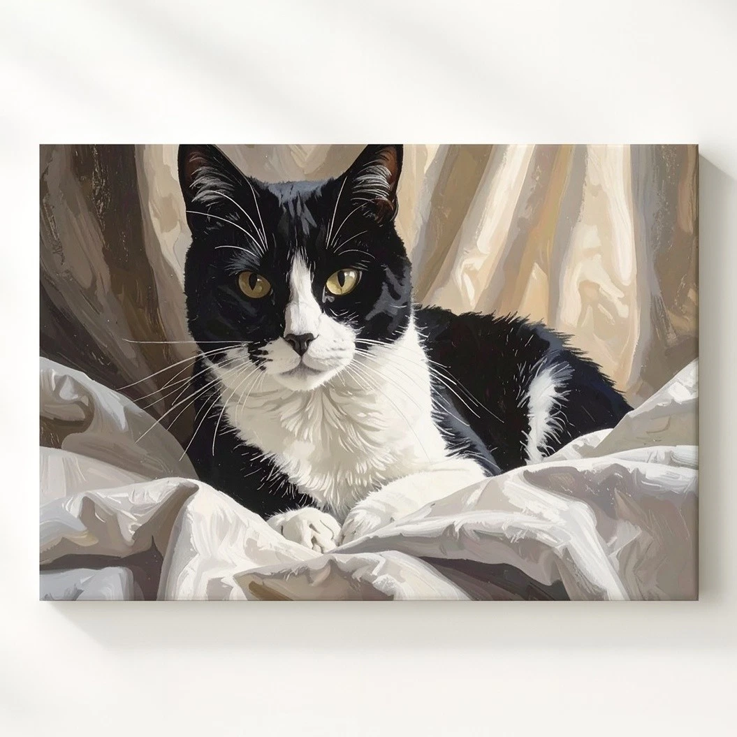 Tuxedo Cat In Bed Canvas Cozy Realistic Feline Rest Art Stillness Speaks Wall