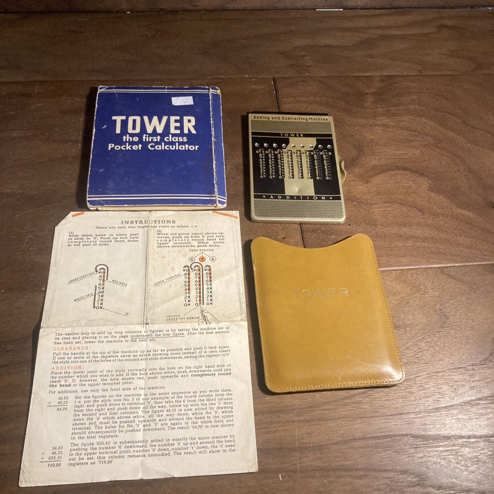 Vtg Tower 9 Pocket Calculator Mechanical Addition/Subtraction Pen/Case W Germany
