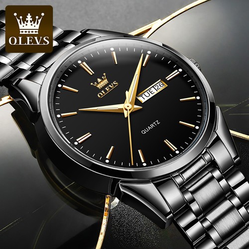 Men's Wrist Watch Steel Band Quartz Calendar Watch Waterproof Gold Black - Picture 13 of 17
