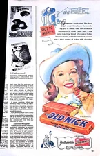 Original 1948 Old Nick Candy Ad: Out to munch, cowgirl, Bit-o-Honey