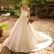 High Neck Satin Wedding Dresses Long Sleeve Appliques Buttons Back Bridal Gowns