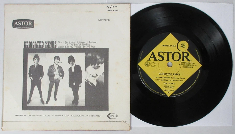 The Kinks Dedicated Kinks 1966 AUSTRALIA Astor 7" EP Garage PSYCH 45 VG+ Davies - Image 2 of 2