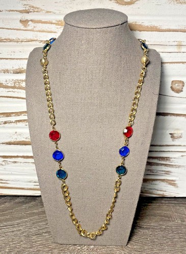 Vintage Faceted Multicolor Red Blue Oval Jewel Link Gold Tone Long Necklace 34"L