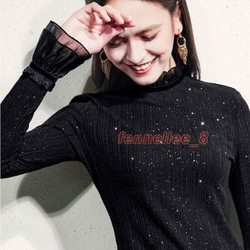 Women Sequin Shirt Flared Sleeves Knit Tops Mesh Ruffle Glitter Blouse Slim - Picture 19 of 28
