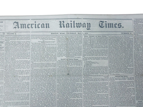 American Railway Times Newspaper Boston MA May 1, 1856 Railroad News Print Ads