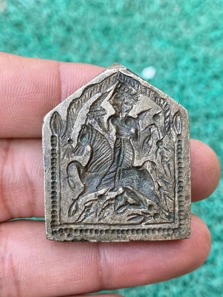 Ancient Brass Hand Carved Primitive Horse Warrior Sword Figured Jewelry Die Mold - Image 3 of 4