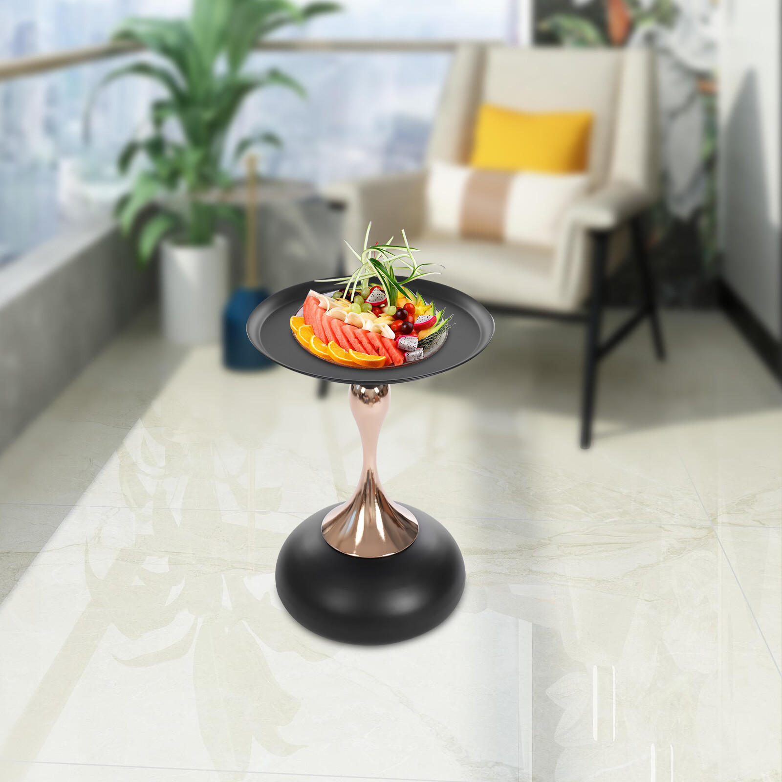 Black Metal Round End Table with Large Tray for Living Room or Yard