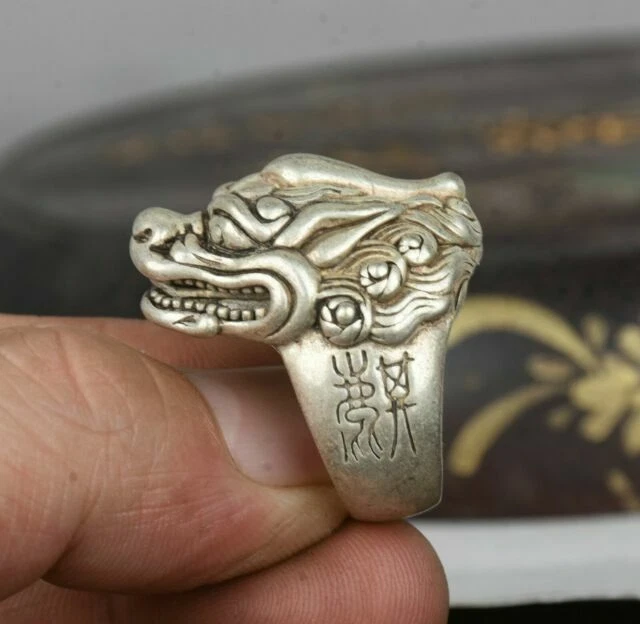 Anillo de mano antiguo chino Miao plata Qilin bestia cabeza de kylin bestia joyería 2,5 cm Foto 4 de 4