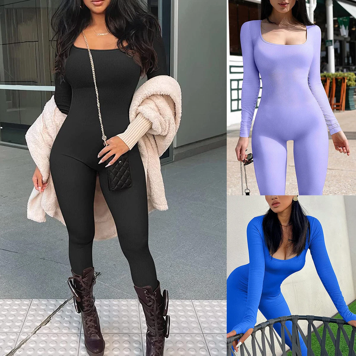 Women One Piece Square Neck Unitard Outfits Bodysuit Long Sleeve Full  Jumpsuits