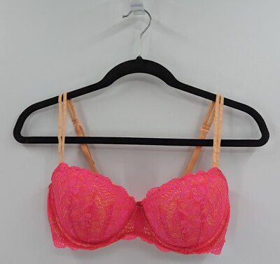 Victoria's Secret PINK Bra 34D Bright Pink Orange Lace Date Push