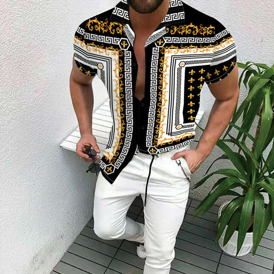 【BAON】Birki Color Short Sleeve Shirt Long One Piece Button Down Shirt Men's Baroque Black Gold Fashion Short