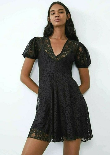 VESTITO PIZZO NERO RICAMI SBUFFO CORTO CON SOTTOVESTE ELEGANTE ZARA XSS  NUOVO | eBay