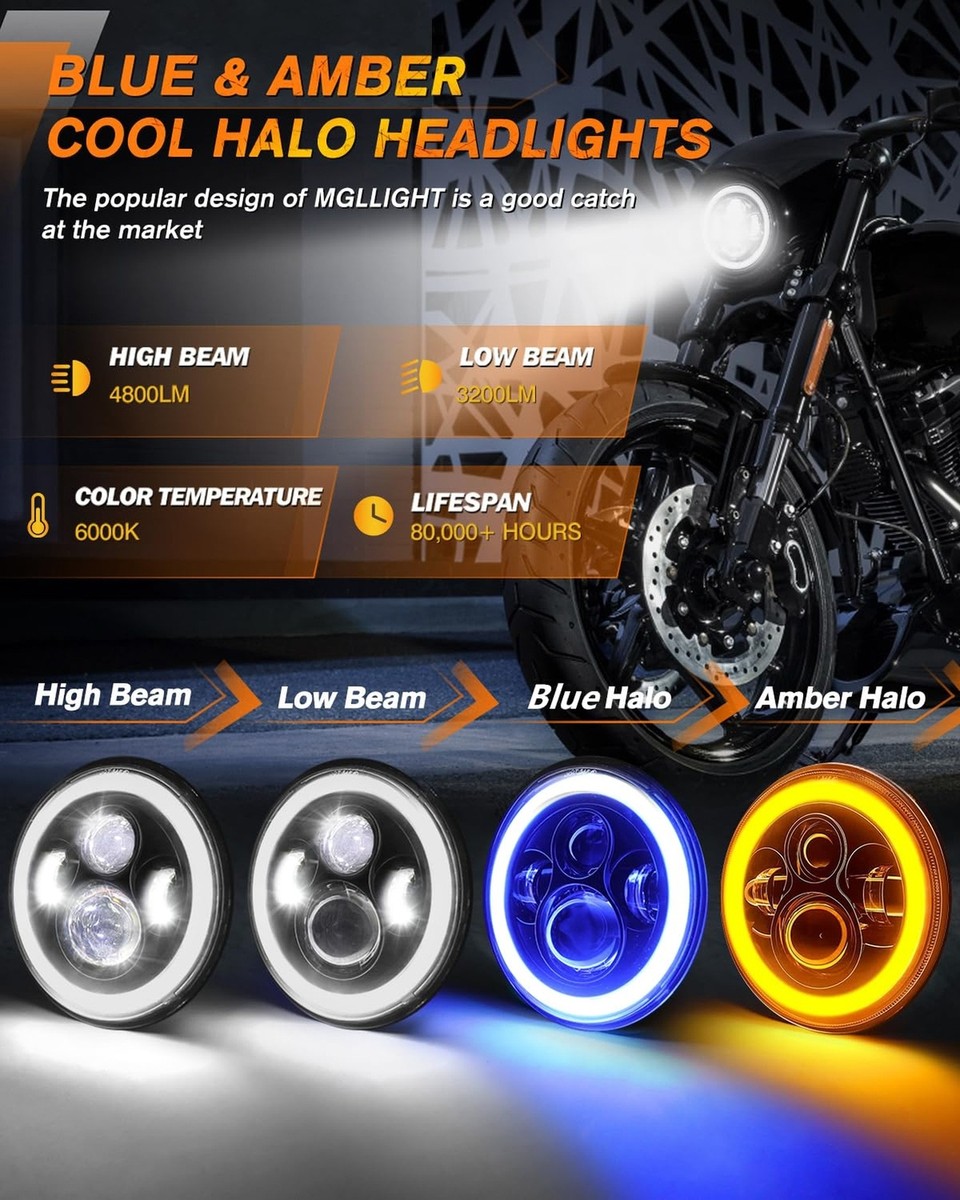 DOT 7 Inch LED Headlight Motorcycle Blue Halo High/Low Beam