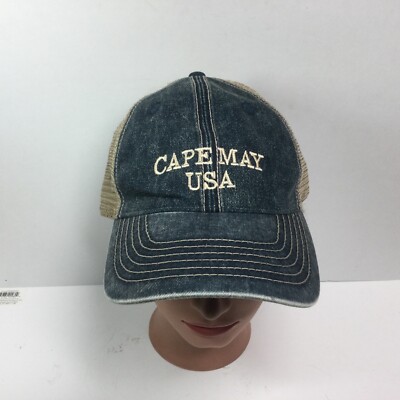 Cape May USA hat Distressed denim baseball cap mesh back hook n loop strap