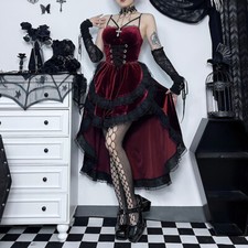 Ladies Retro Velvet Midi Dress Spaghetti Strappy Lace Ruffled Gothic Elegant Bar