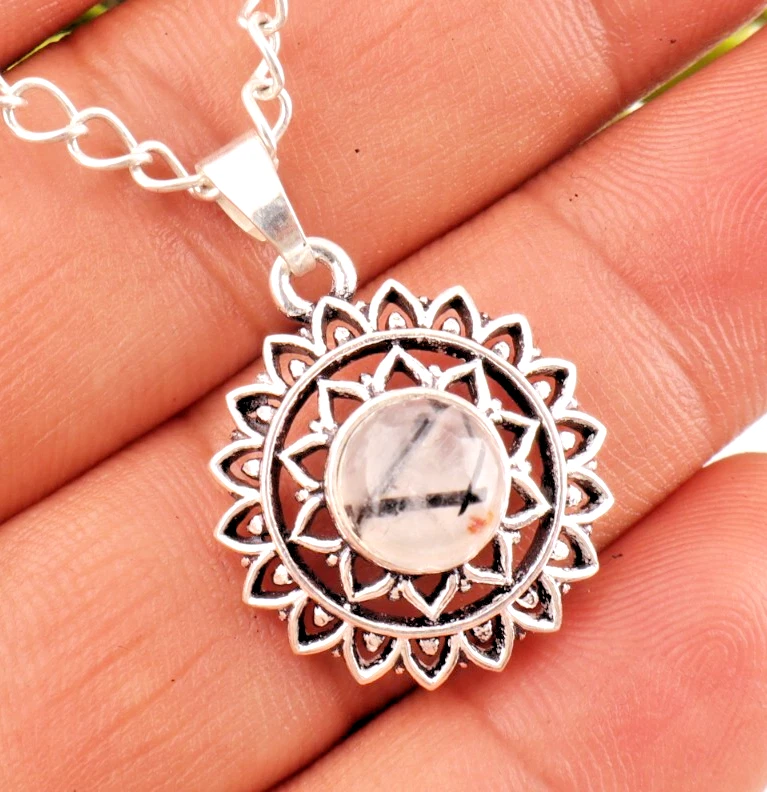 Schwarzer Rutil Quatz Edelstein 925 Sterlingsilber handgefertigter Schmuck An... - Bild 2 von 4