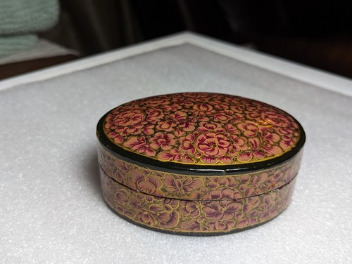 Vintage Paper Mâché Hand Painted Floral Trinket Ring Jewellery Box Kashmir India - Picture 3 of 14