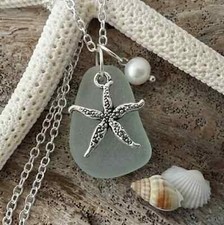 Hawaiian Jewelry Sea Glass Necklace, Seafoam Necklace, Pearl Starfish Necklace,
