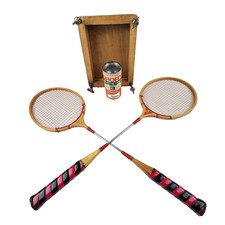 VTG Badminton Set 2 Wooden Rackets Shuttlecocks  Wood Storage Frame  The King  
