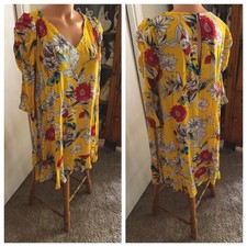 UMGEE USA YELLOW BOHEMIAN FLORAL GAUZY RAYON W/ RUCHE & SMOCKING TRIM DRESS SZ S