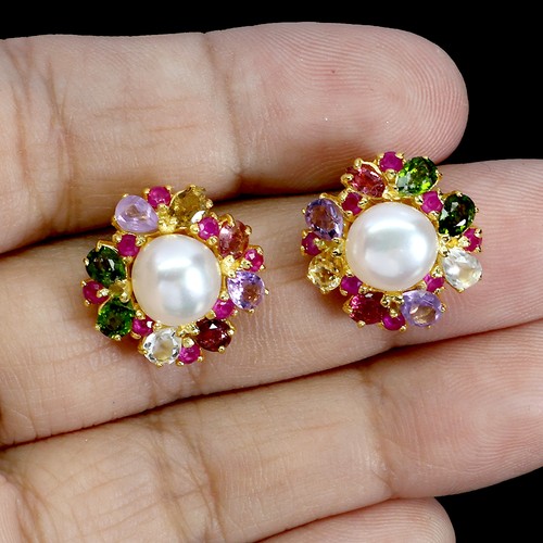925 Sterling Silver Earrings Oval Tourmaline 4x3mm Ruby Pearl Gemstone Jewelry - Picture 2 of 14